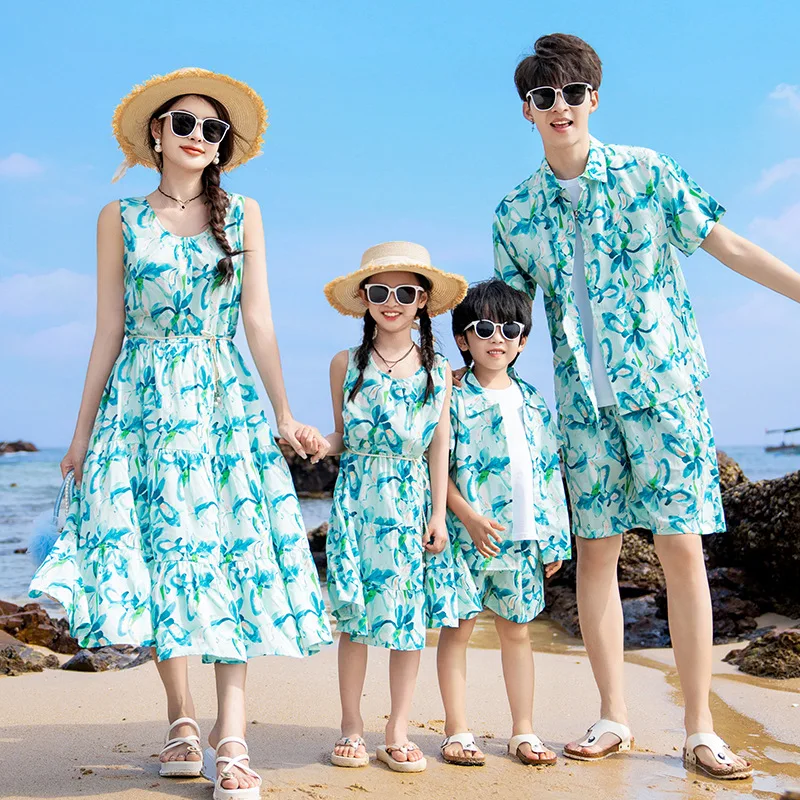 Summer Clothing Resort - 家族のためのマッチングバケーションウェアセット,ビーチウェア,お父さん,息子,お母さん,娘,ノースリーブドレス,バケーションウェア