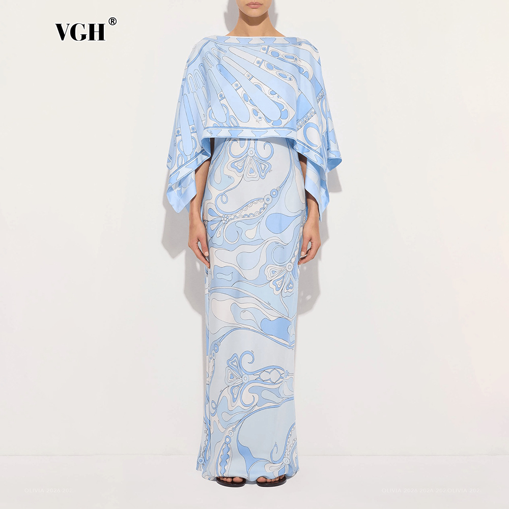 Summer Light Clothing - VGH ライトブルーの抽象柄プリントツーピースセット、女性用ボディコンドレススーツ、ボートネック、ゆったりデザインのケープ付き、結婚式のゲストやガラに最適