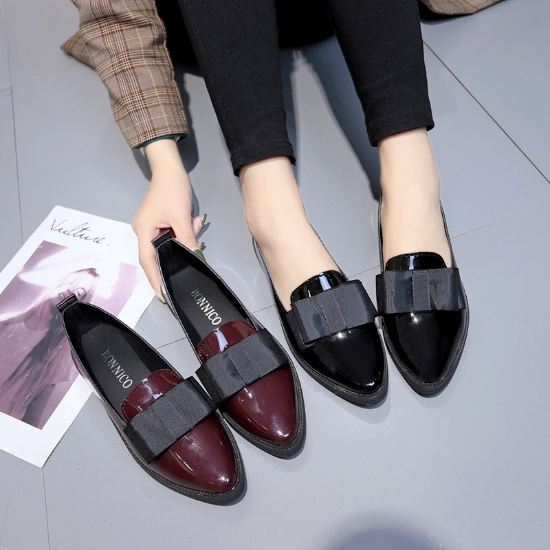 Summer Clothing Stores - ブラック/ワインレッドのパテントレザーのポインテッドトゥフラットシューズ、ボウノットスリッポンローファー、普段使いやビジネスシーンに最適な万能ドレスシューズ