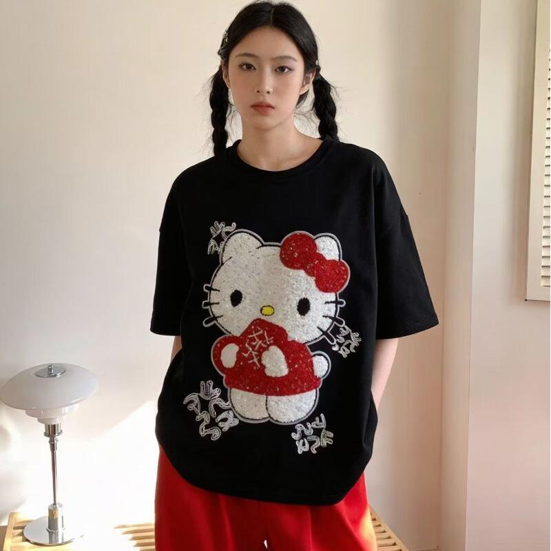 Summer Clothing Types - かわいい半袖ハローキティ夏の新スタイル漫画スパンコールタオル刺繍 Tシャツ女性のための人気のトップスファッショナブル