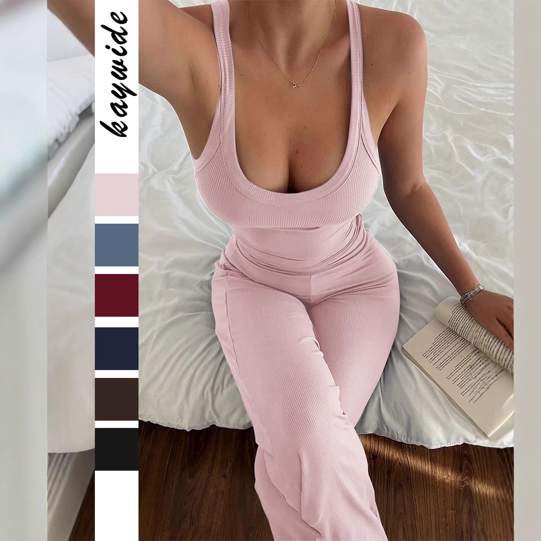 Summer Clothing Sets - 春夏レディース服 スポーティノースリーブタンクトップ ワイドレッグパンツセット 女性用 ビスコースポリエステル混紡 無地