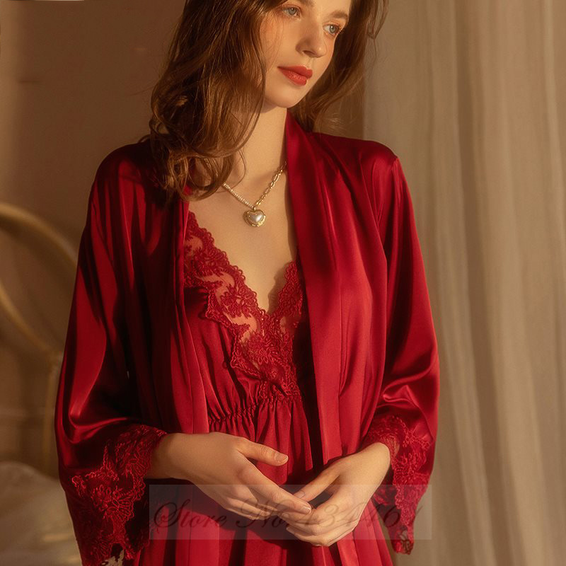Summer House Clothing - バーガンディレース着物バスローブセット、セクシーなナイトガウン、ルーズドレス、サテンパジャマ、ホームウェア、ラウンジウェア、2個、夏