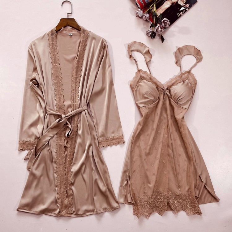 Summer House Clothing - 2個寝間着 & ローブスーツサテン女性ローブセット着物ドレスカジュアル親密なランジェリープリントホーム服セクシーな寝間着パジャマ