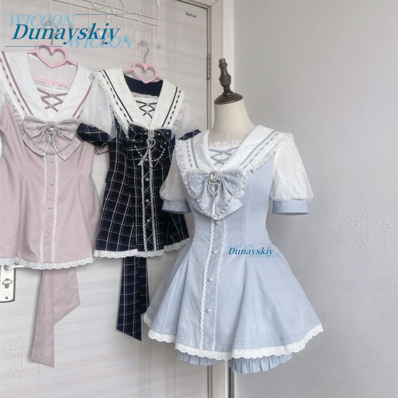 Summer Alt Clothing - セーラーカラードレスセットレースリボン半袖ジライケイオリジナル和菓子ロリータミニスカートスーツ夏デイリーキュートカラー