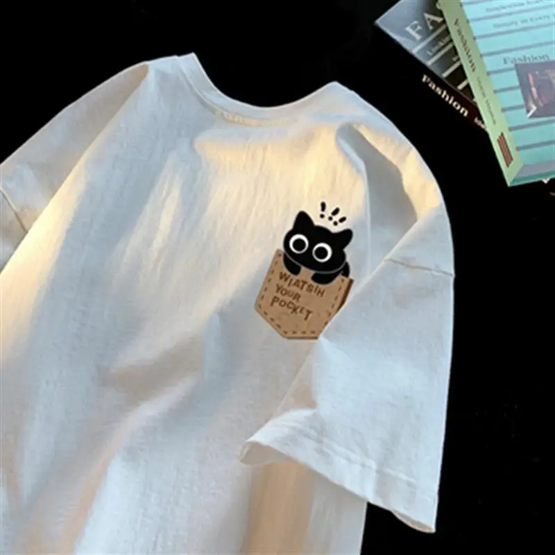 Summer Clothing Logo - ハイストリート夏新かわいい猫グラフィック Tシャツユニセックスストリートクルーネックファッション原宿かわいい Tシャツ女性の Y2K 服