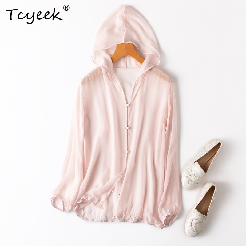 Summer Clothing Us - Tcyeek 100% 本物の桑シルク女性トップス 2026 夏通気性フード付きライトピンク日焼け防止トップ女性服 Ropa
