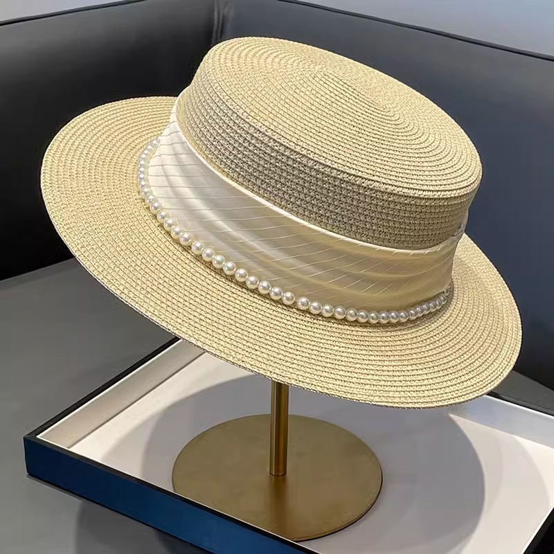 Sun Hat Wide Brim - 2025年ニューデザイン帽子 レトロフラットトップ レディーススタイル 夏用麦わら帽子 旅行 日焼け防止