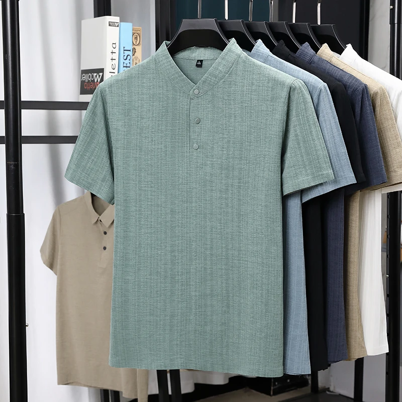 Summer Clothing Types - メンズマンダリンカラーハーフプラケットリネンテクスチャード半袖シャツカジュアルトップスしわになりにくい通気性のある夏服