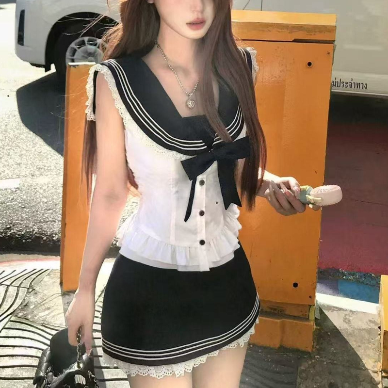 Summer Alt Clothing - カレッジスタイルの弓甘い 2 点セット女性甘いセーラーシャツ + ブルーミニスカートスーツ日本のかわいいノースリーブフリルセット 2025
