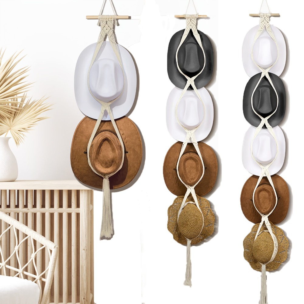Sun Hat Wide Brim - ボヘミアンマクラメハットハンガー手織り壁掛け収納ラック、カウボーイハット、フェドラ帽、つば広サンハット用、家の装飾に最適