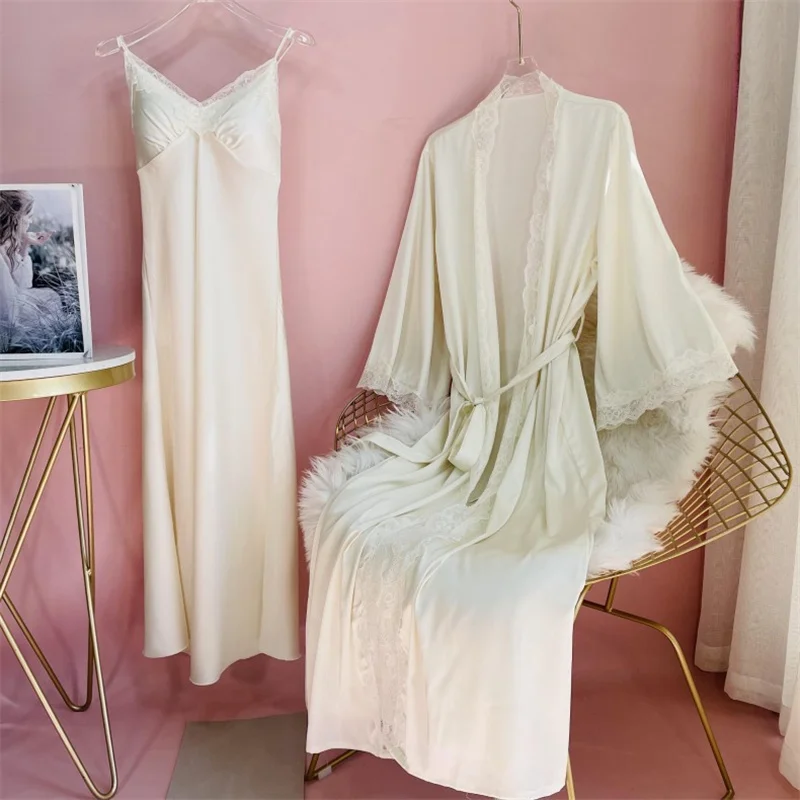 Summer House Clothing - 新しい女性ロングローブネグリジェセットセクシーなレーストリムパジャマサスペンダー寝間着春夏カジュアルサテンホームドレスバスローブ