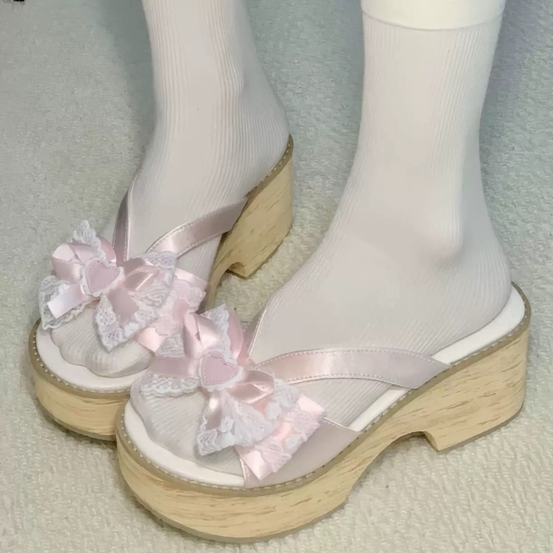 Summer Clothing Stores - スイートボウ木目調厚底プラットフォームスリッパ女性用夏和風快適ハイヒールサンダル