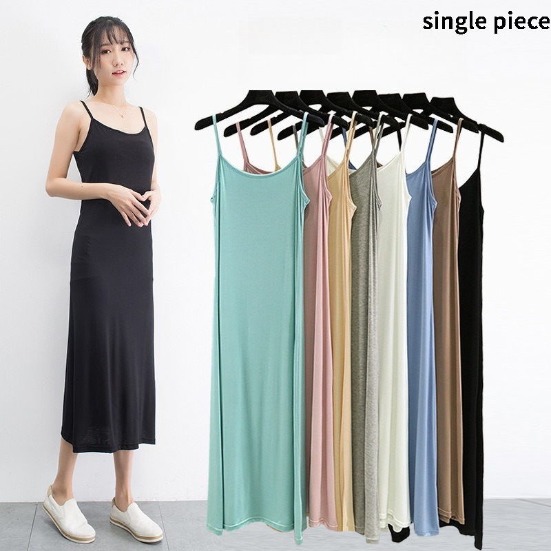 Summer Clothing Stores - モーダルキャミソールベストドレス女性用夏服抗浸透ノースリーブベースロングスカートスリム裏地付きミッドレングスドレス