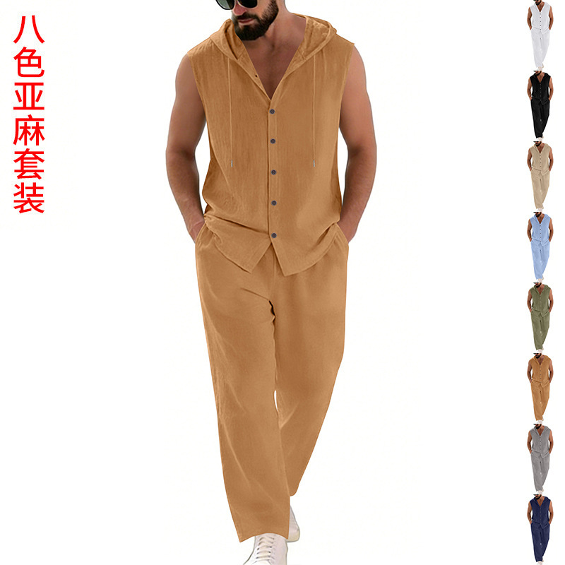 Summer Clothing Sets - メンズカジュアルリネンスーツフード付きセーターとパンツセット無地通気性快適メンズ服
