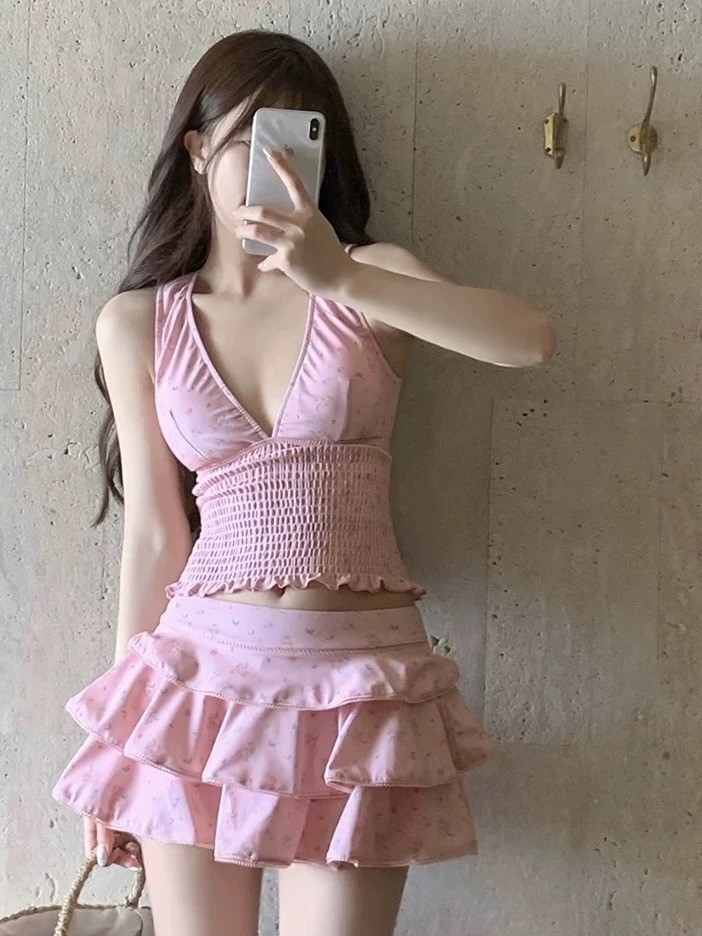 Summer Clothing Beach - 夏の女性の服痩身タンキニ水着女性控えめなスカート付きビキニセット女性用ポリエステルヴィンテージ花柄プリント