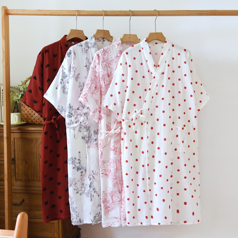 Summer House Clothing - 春夏の女性ローブレディース綿 100% クレープバスローブ女性甘い半袖ドレッシングガウンローブ日本家庭服