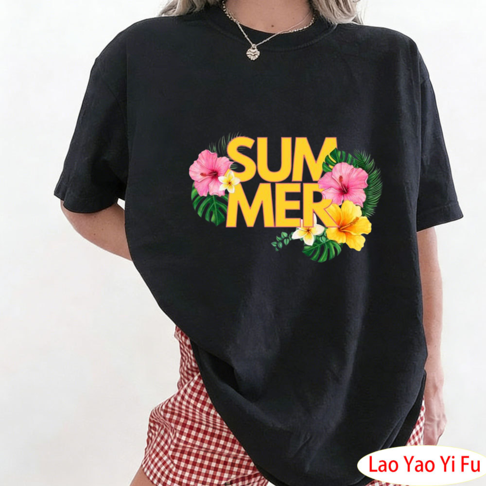 Summer Clothing Resort - 夏のトロピカルフローラルTシャツカラフルな花柄Tシャツ女性レタリングプリントトップスファッショナブルなホリデーリゾート服