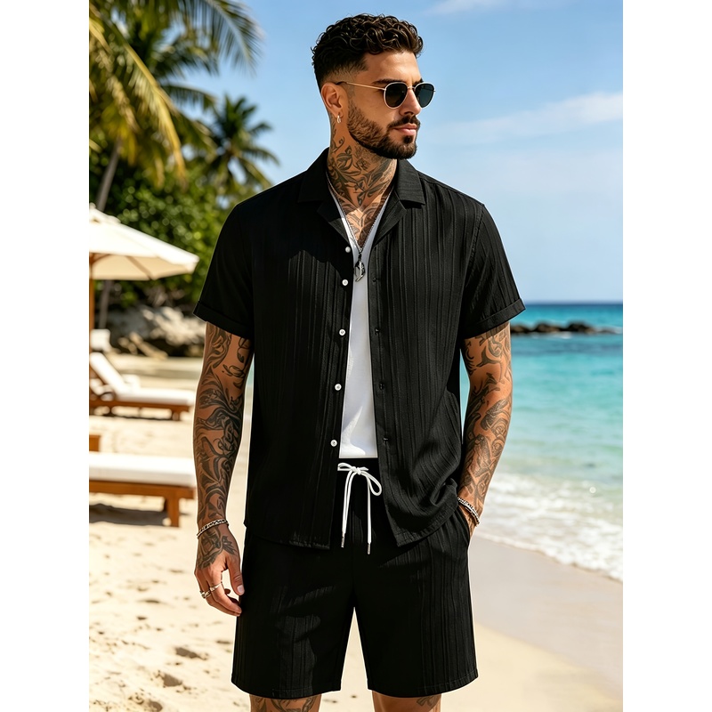 Summer Clothing Beach - 2メンズサマーカジュアルスーツセット、キューバカラーシャツ+ゆったりとしたショートパンツ、快適で軽いビーチバケーション、日常着、ストリートウェア
