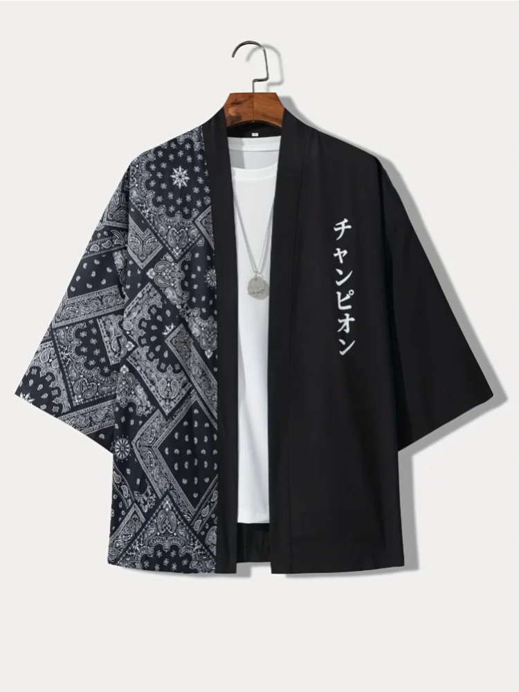 Summer Clothing Resort - 男性用のゆったりとしたオープンフロントTシャツ,カジュアルな着物スタイル,日本のレタリングプリント,夏休みと写真,大人の服