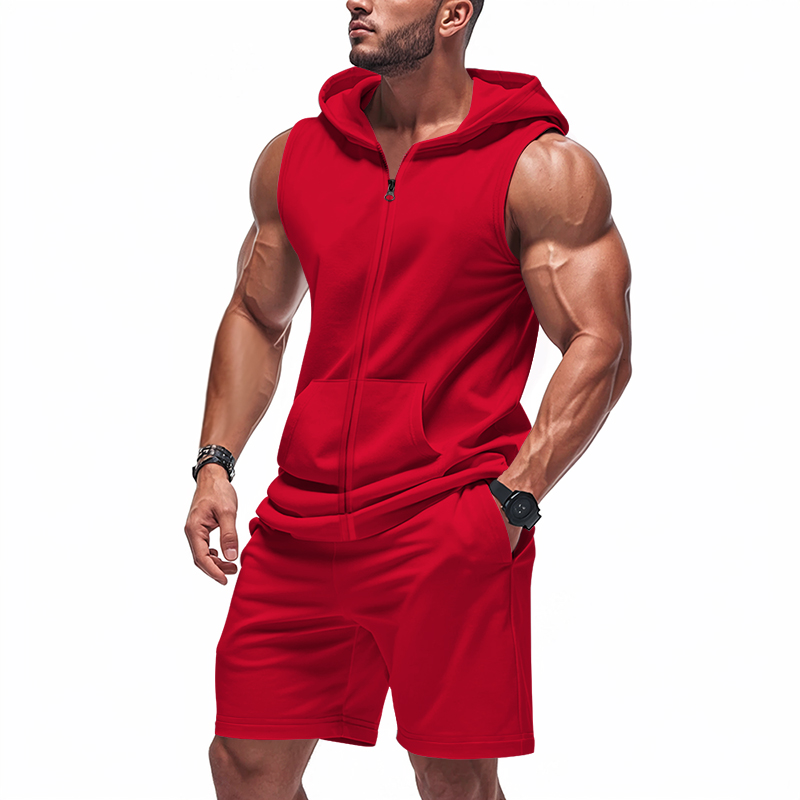 Summer Clothing Sets - メンズスーツ ノースリーブフーディー ツーピースセット | フィットネストレーニングジッパーフーディーベスト＆ルーズドローストリングショーツセット（複数カラー）