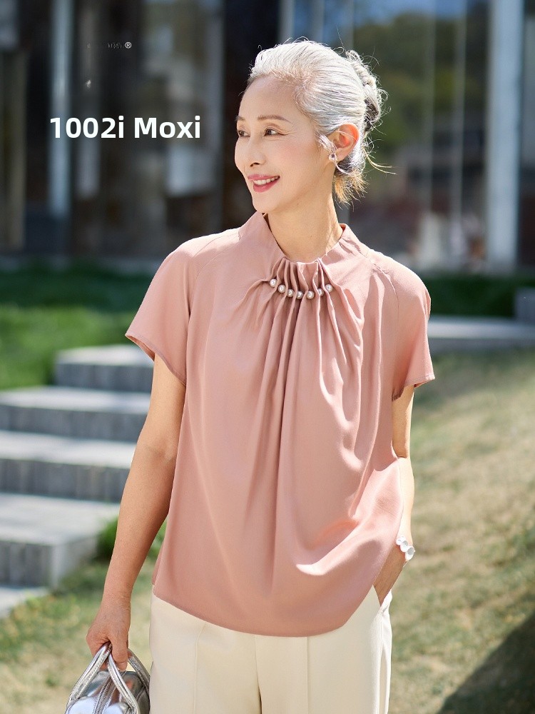 Summer Clothing For Women Over 50 - Muzhi ファッショナブルな半袖薄手 T シャツ中年母親向け夏服 50 歳以上の女性のためのエレガントなシャツ