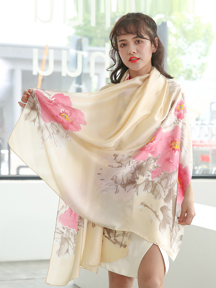 Sarong Pareo Wrap - 高品質エレガントな女性シルクスカーフサロンビーチラップロングショールサテン花柄バンダナヒジャブ Mujer スカーフスカーフパレオ