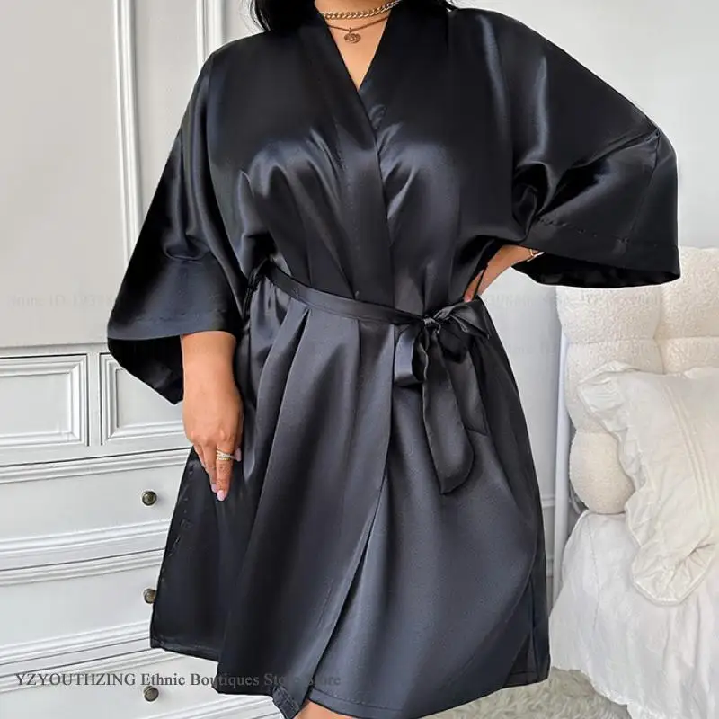 Summer House Clothing - 大サイズ 3XL 4XL 5XL 女性ローブ部屋着黒シルクサテン着物バスローブガウンセクシーなホームドレスパジャマルーズ部屋着