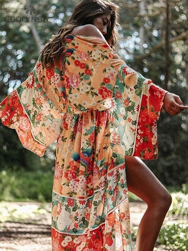 Sarong Pareo Wrap - 2025 ボヘミアン花柄プリントフロントオープン夏の女性のビーチウェアラップドレスシフォンチュニックセクシーなサロンローブデプラージュパレオ Q751