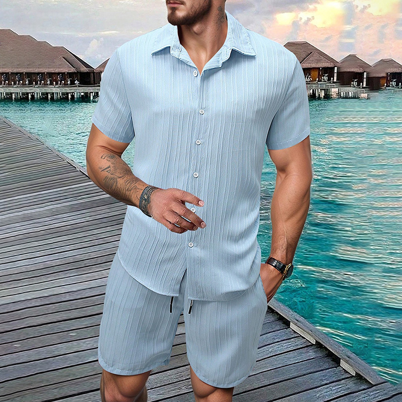 Summer Clothing Beach - 2026年新作 メンズ 縦型シワ加工ラペル半袖シャツ＆ショーツ 2点セット レギュラーフィット 夏