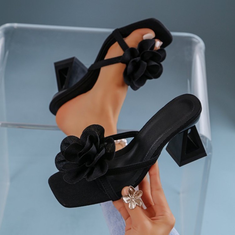 Summer Clothing Stores - レディース 3D フラワーデコレーションサンダル三角カットアウトハイヒールサンダル十字ストラップオープントゥセクシーなパーティードレスサマーヒールシューズ