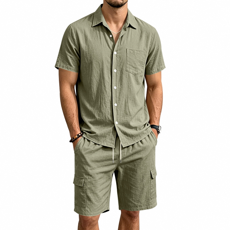 Summer Clothing Sets - メンズ夏アメリカンリネンツーピースセット半袖シャツドローストリングカーゴショーツルーズカジュアルアウトドア通勤休暇衣装