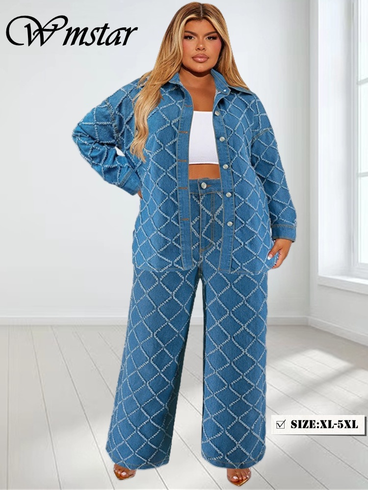 Summer Clothing Wholesale - Wmstar プラスサイズデニムツーピースセット女性秋服プリント長袖トップスパンツ新しいマッチングスーツ卸売ドロップショッピング