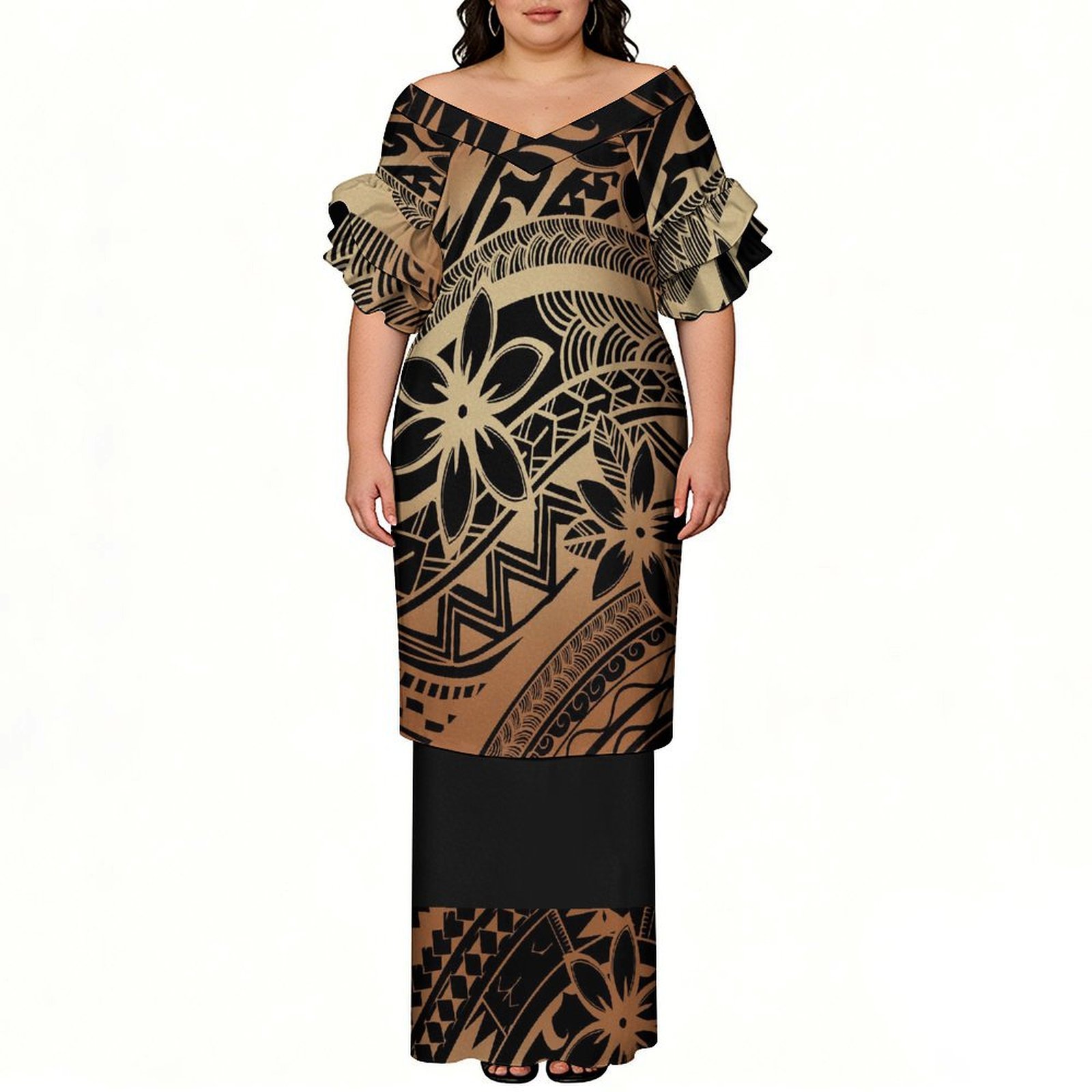 Summer Alt Clothing - ファッションデザインカスタムパターンプリントVネックペタルスリーブプレタシスタイルレディーススーツスカート - ポリネシアンサマーアートドレス