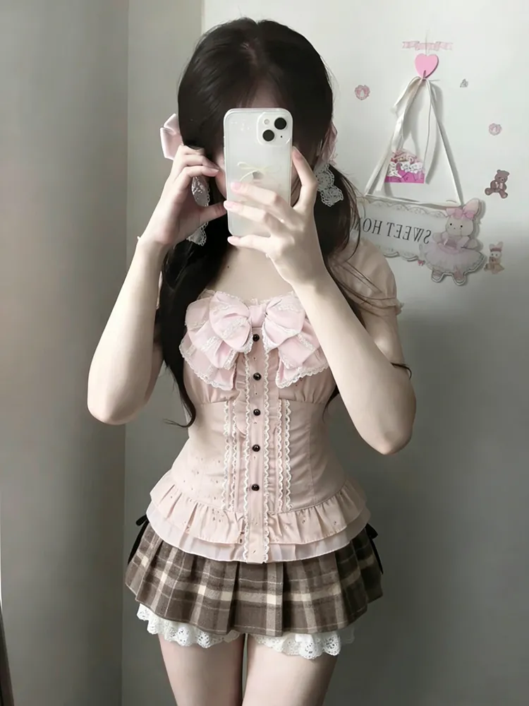 Summer Alt Clothing - 日本の可愛い3点セット レディース レースボウブラウス+キャミソール+チェック柄フリルミニスカート Y2K ヴィンテージ カワイイ