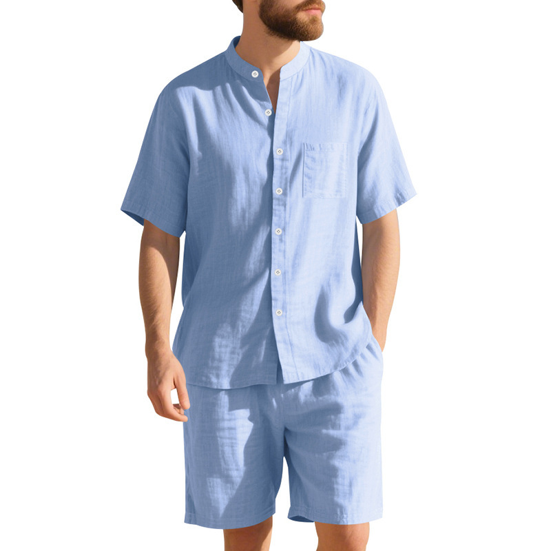 夏のメンズリネンルーズフィットスーツ、ビーチ半袖シャツとショ - Summer Clothing Beach のレビューと価格
