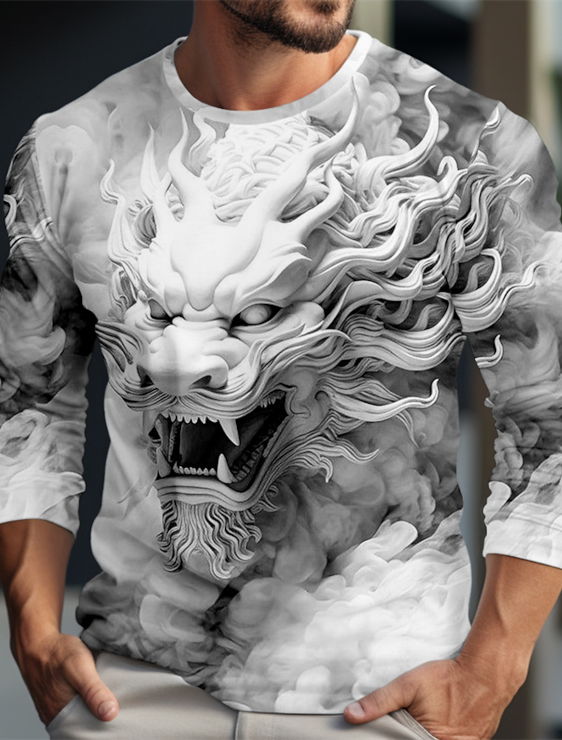 メンズ長袖ラウンドネックカジュアルウェア,3Dドラゴンパター - Summer Clothing Resort のレビューと価格