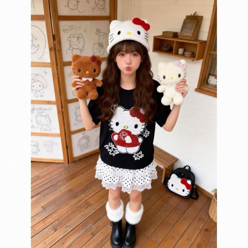 かわいい半袖ハローキティ夏の新スタイル漫画スパンコールタオル - Summer Clothing Types のレビューと価格