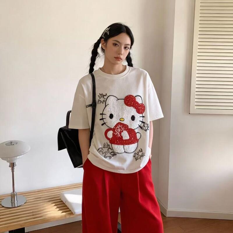 かわいい半袖ハローキティ夏の新スタイル漫画スパンコールタオル - Summer Clothing Types のレビューと価格
