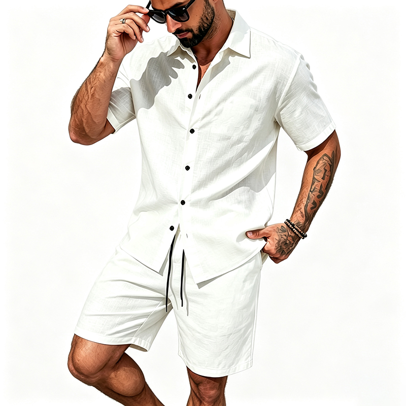 男性リネンツーピース衣装半袖ラペルボタンシャツ弾性ドロースト - Summer Clothing Sets のレビューと価格