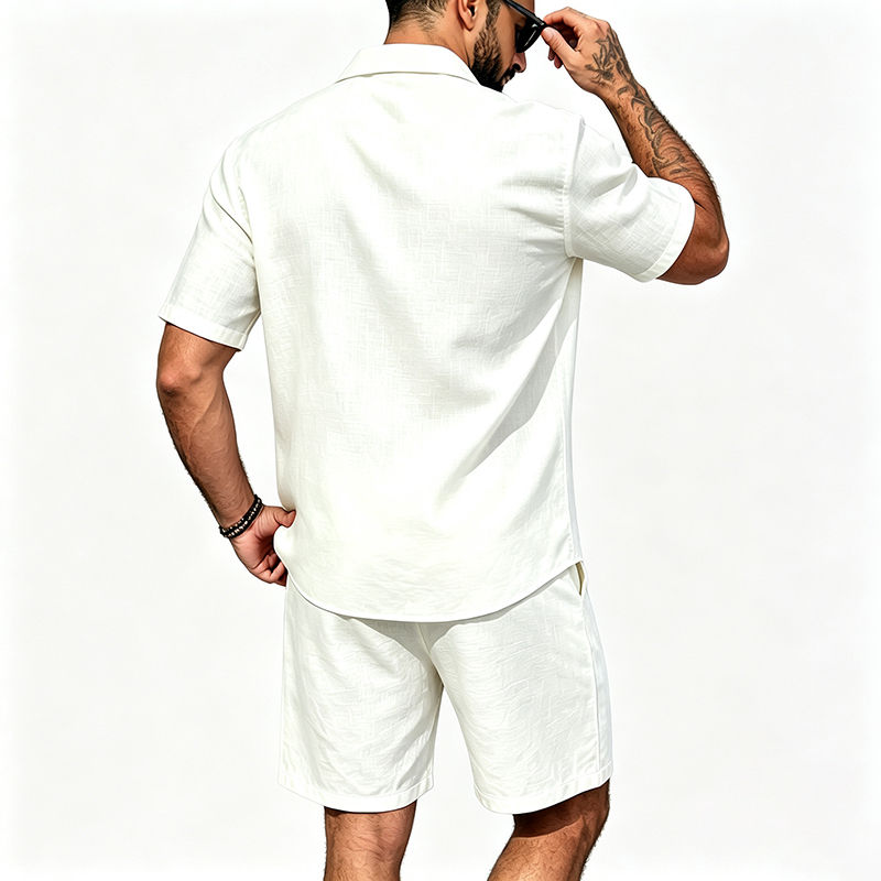男性リネンツーピース衣装半袖ラペルボタンシャツ弾性ドロースト - Summer Clothing Sets のレビューと価格