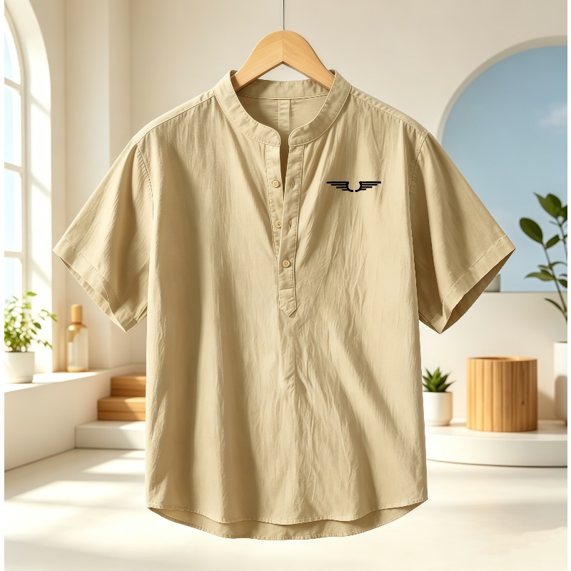 メンズ綿麻ヘンリーカラー半袖シャツ、柄プリント入り通気性カジ - Summer Clothing Types のレビューと価格
