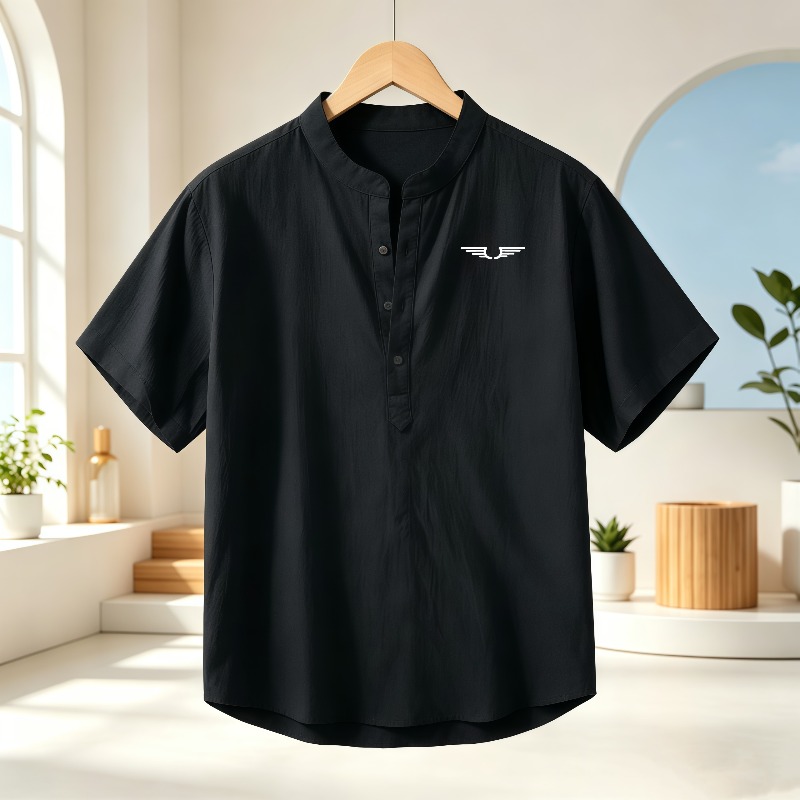 メンズ綿麻ヘンリーカラー半袖シャツ、柄プリント入り通気性カジ - Summer Clothing Types のレビューと価格