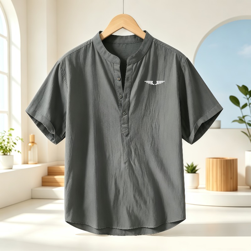メンズ綿麻ヘンリーカラー半袖シャツ、柄プリント入り通気性カジ - Summer Clothing Types のレビューと価格