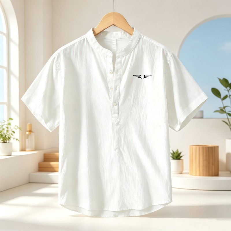 メンズ綿麻ヘンリーカラー半袖シャツ、柄プリント入り通気性カジ - Summer Clothing Types のレビューと価格
