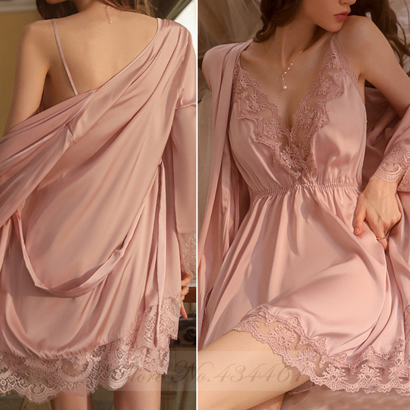 バーガンディレース着物バスローブセット、セクシーなナイトガウ - Summer House Clothing のレビューと価格