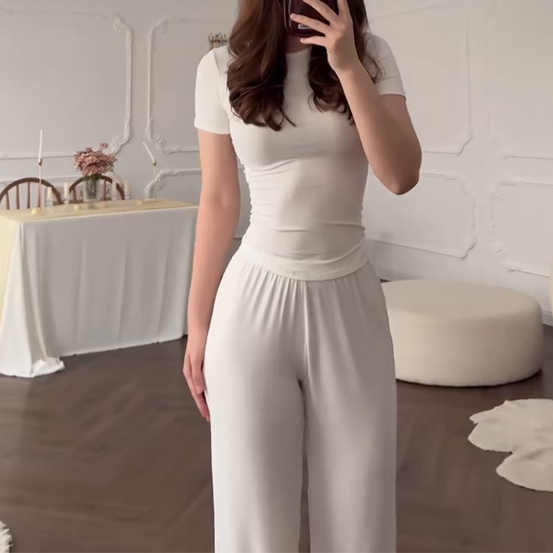カジュアル長ズボンスーツ女性 O ネック半袖 Tシャツ弾性ウ - Summer House Clothing のレビューと価格
