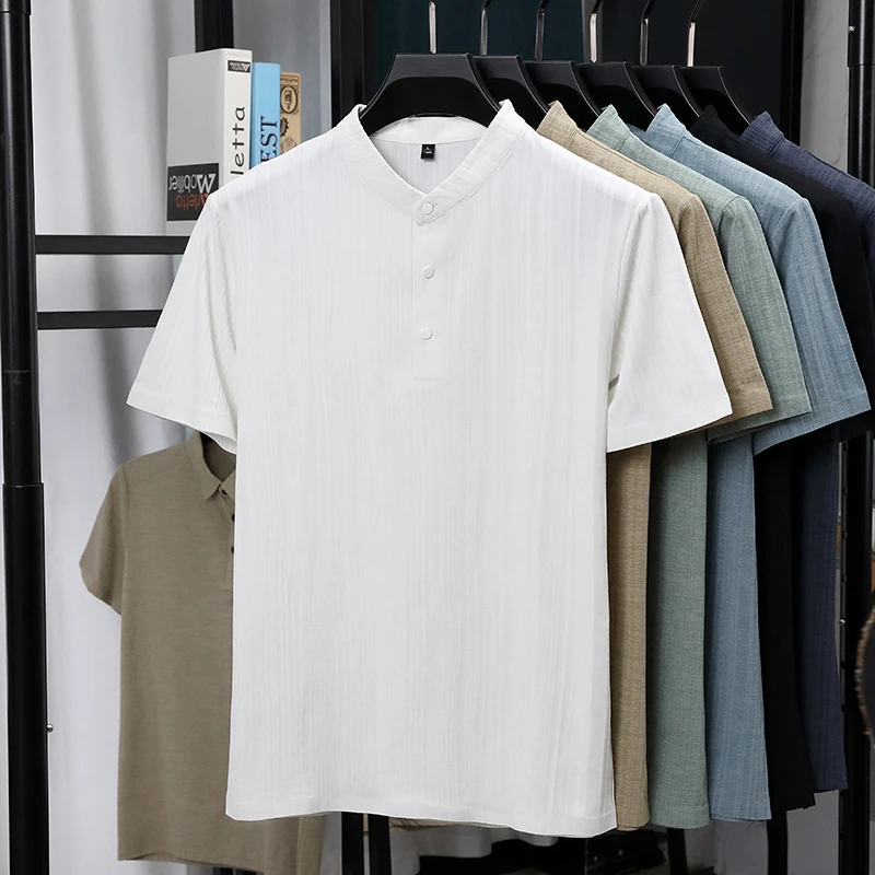 メンズマンダリンカラーハーフプラケットリネンテクスチャード半 - Summer Clothing Types のレビューと価格