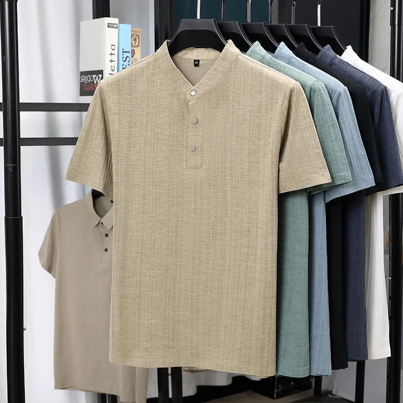 メンズマンダリンカラーハーフプラケットリネンテクスチャード半 - Summer Clothing Types のレビューと価格