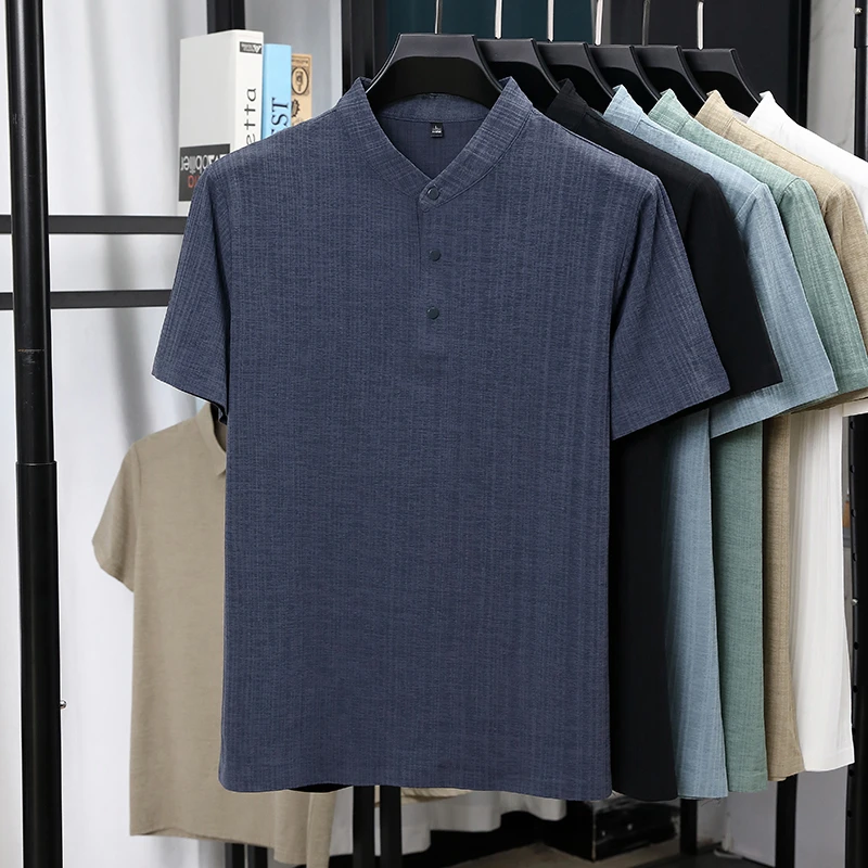 メンズマンダリンカラーハーフプラケットリネンテクスチャード半 - Summer Clothing Types のレビューと価格