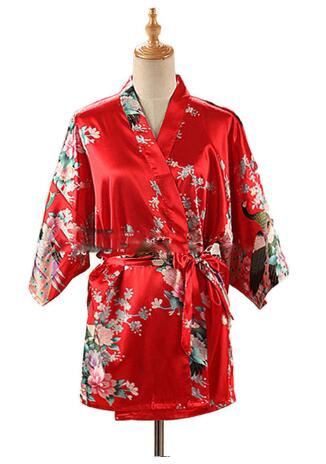 レースアップ女性孔雀プリント日本の着物浴衣シルクサテンショー - Summer House Clothing のレビューと価格